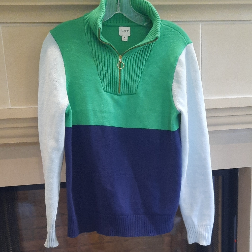 J. Crew Women's Zip-Up Sweater - Green, Navy, and White